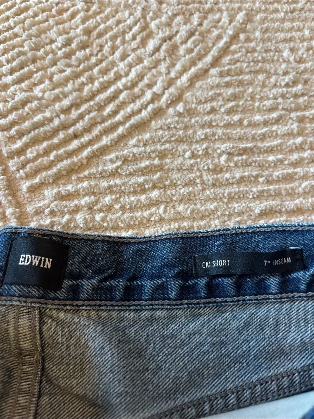 Edwin Dark Blue Denim Cutoff Shorts with Frayed Hem